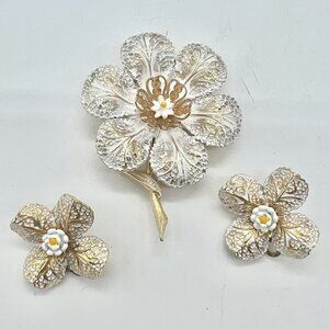 ART Arthur Pepper Floral Brooch Pin With Matching Clip Earrings Gold Tone Vtg